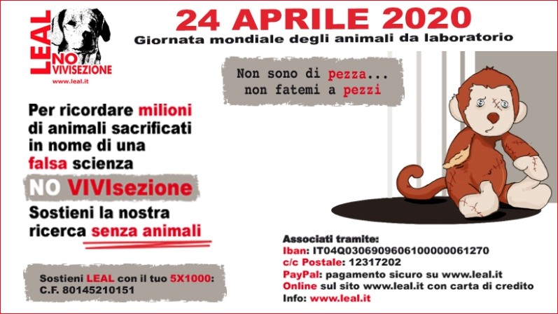 24 APRILE LEAL CELEBRA GLI ANIMALI RINCHIUSI E UCCISI IN LABORATORIO: DOPO 41 ANNI È UNA FESTA DA DISMETTE CON L’ABOLIZIONE DELLA VIVISEZIONE