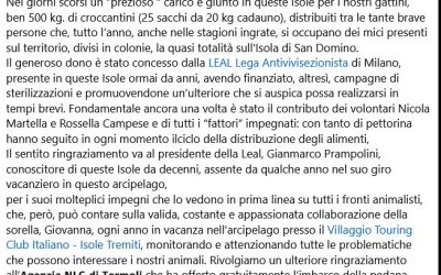 IL COMUNE DELLE TREMITI RINGRAZIA LEAL PER L’IMPEGNO COSTANTE PER I GATTI RANDAGI DELL’ISOLA