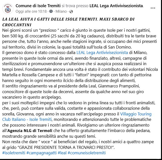 IL COMUNE DELLE TREMITI RINGRAZIA LEAL PER L’IMPEGNO COSTANTE PER I GATTI RANDAGI DELL’ISOLA